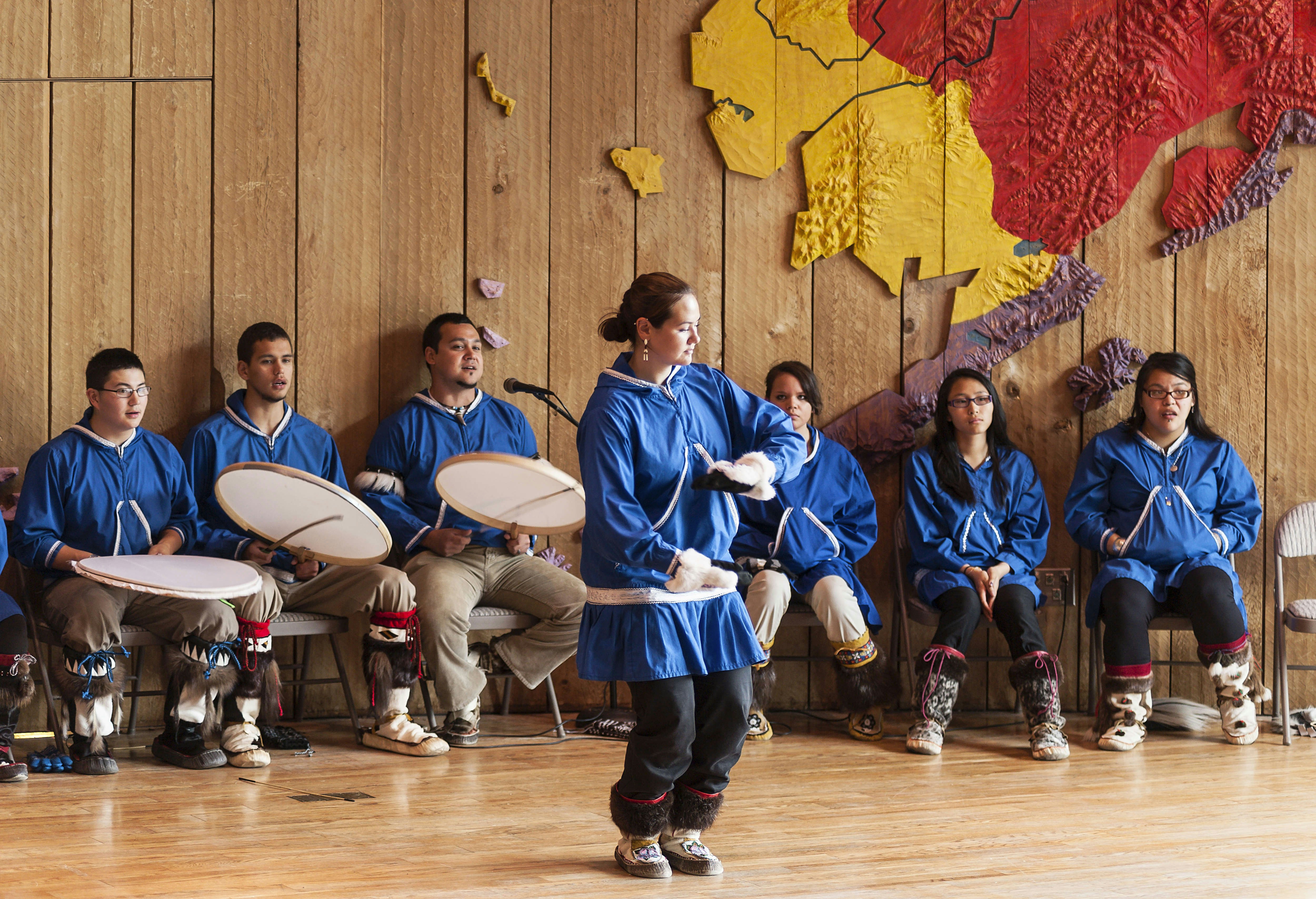 Alaska Native youths demonstrating traditional dance in Anchorage.