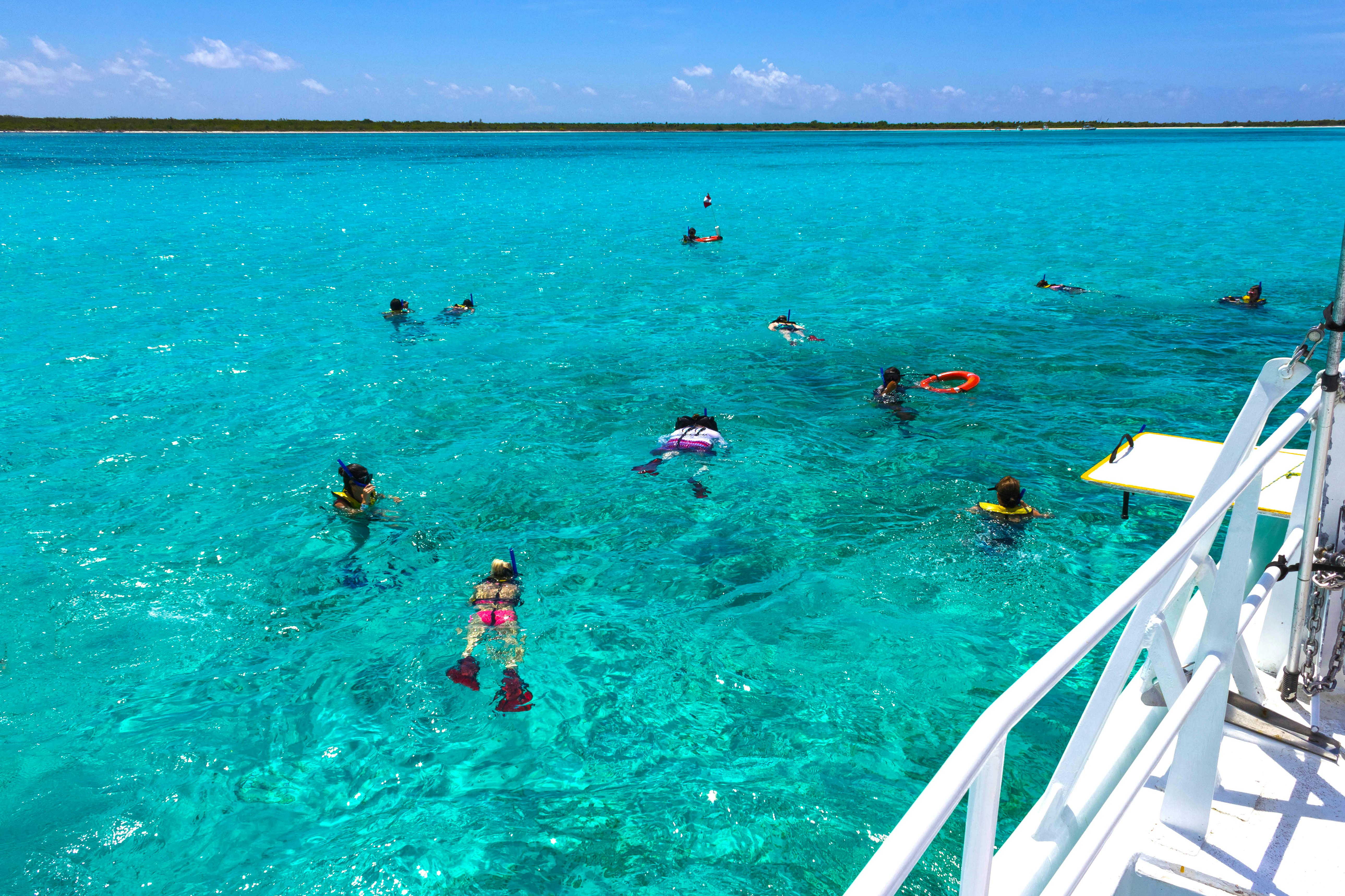 Grupė žmonių snorkelizuoja vakarėlių valčių kelionėje netoli Isla Cozumel, Meksika