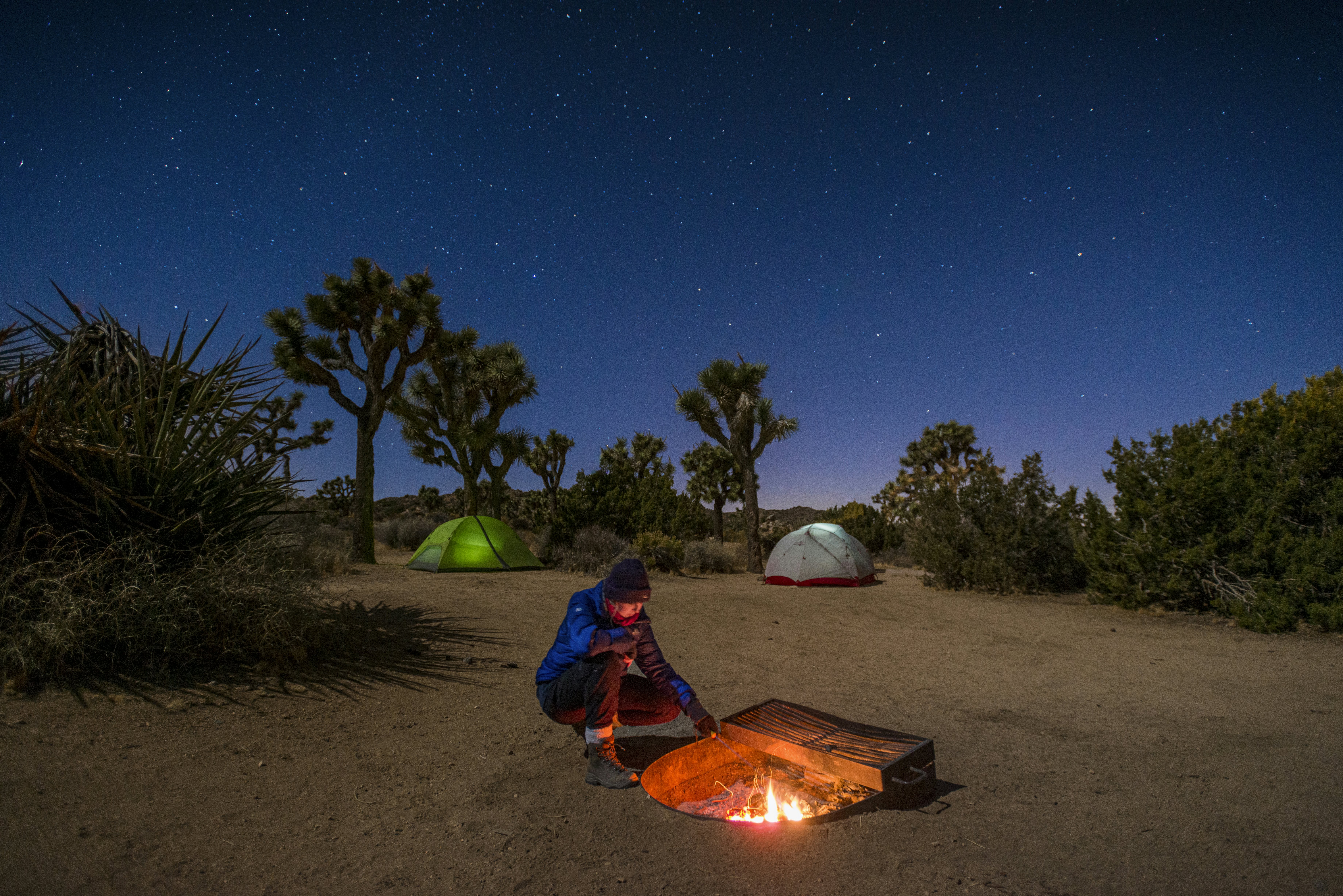 A woman stokes a camp fire near her tent at night in a national park