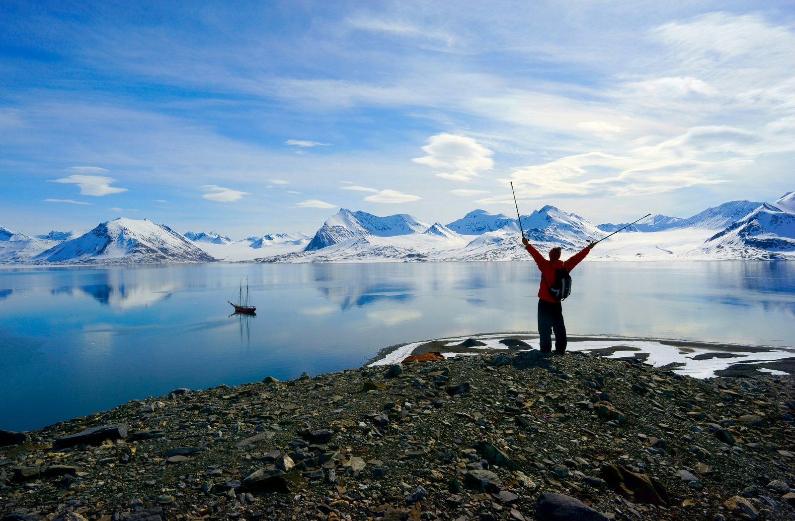Man hiking in the Spitsbergen Mountains in Svalbard