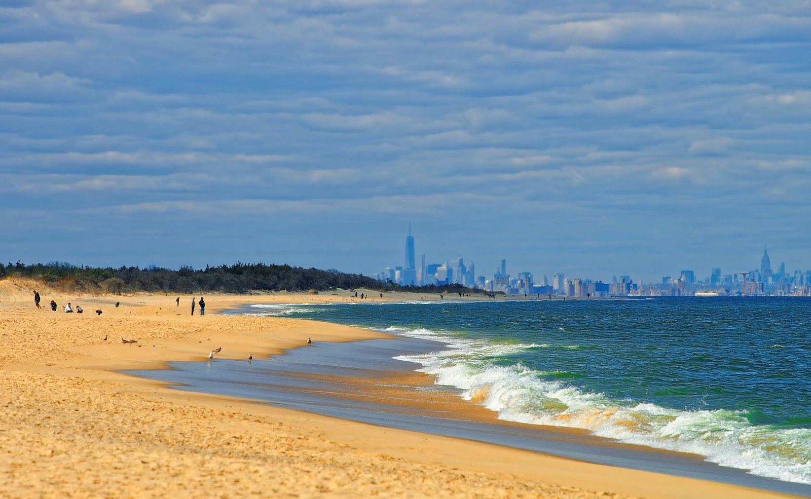 Atlantic Ocean shore at Sandy Hook with view of NYC