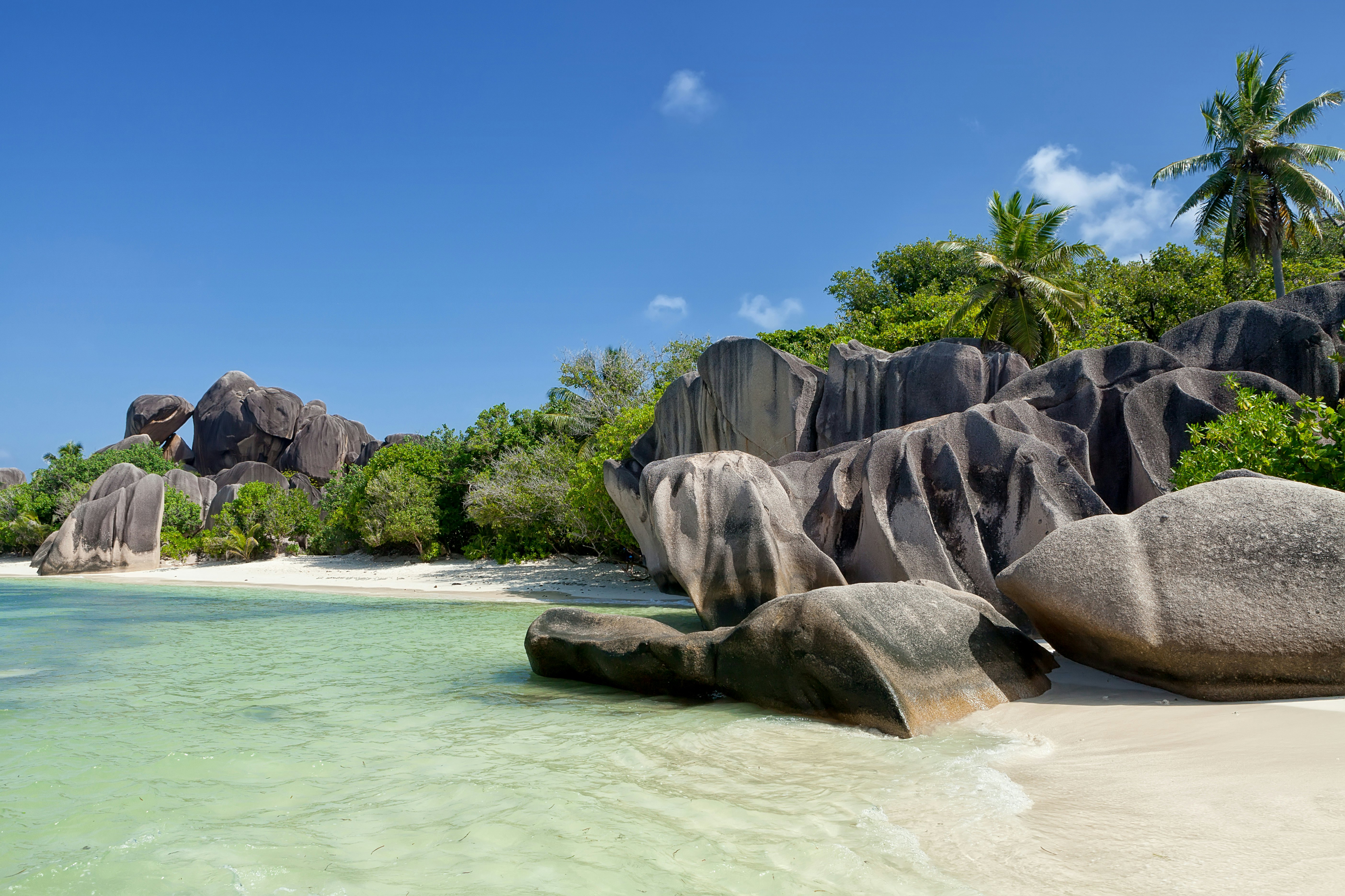 Granite rocks at Anse Source d'Argent beach on tropical island La Digue in Seychelles.