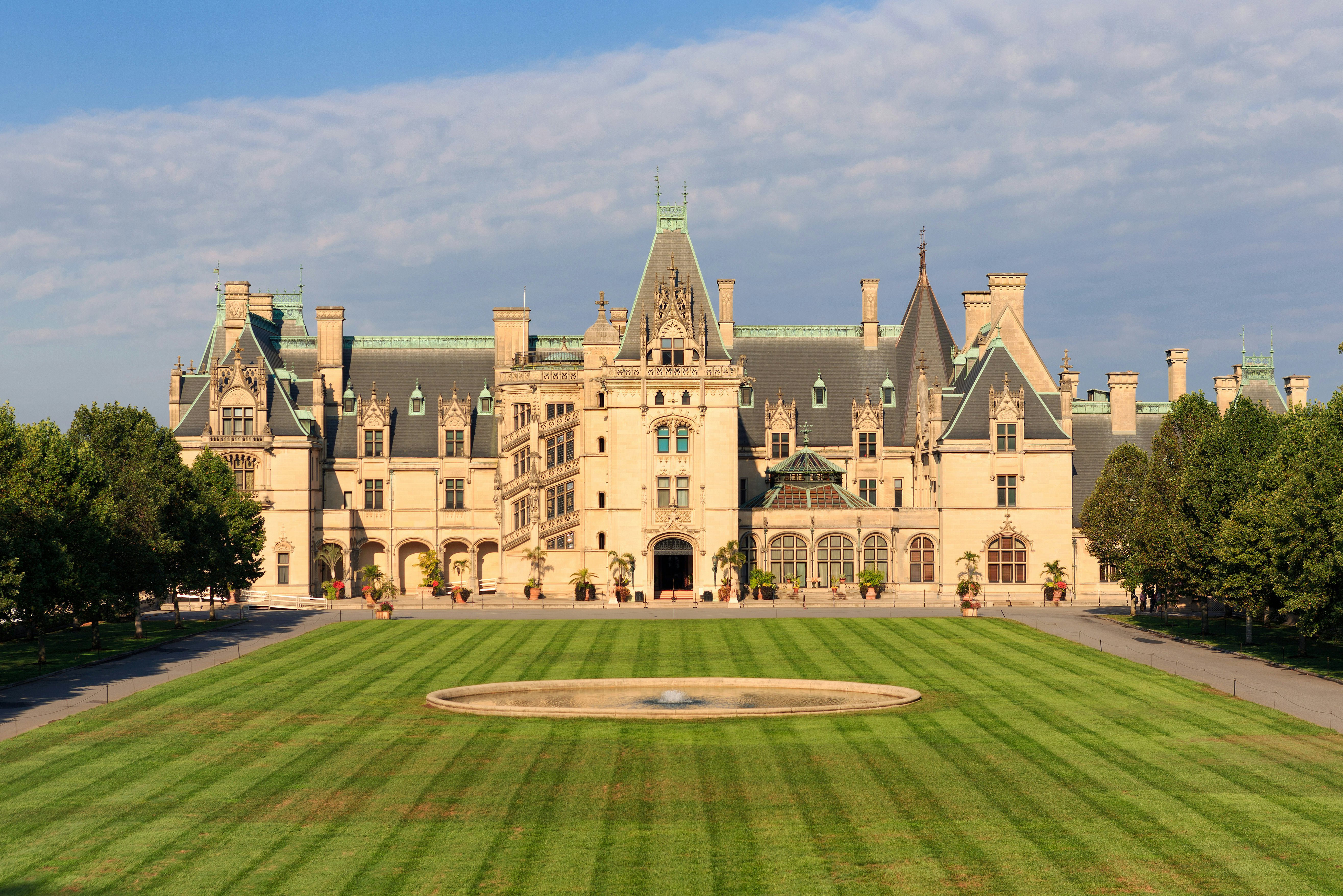 Exterior of the Biltmore Estate and its large lawn in Asheville