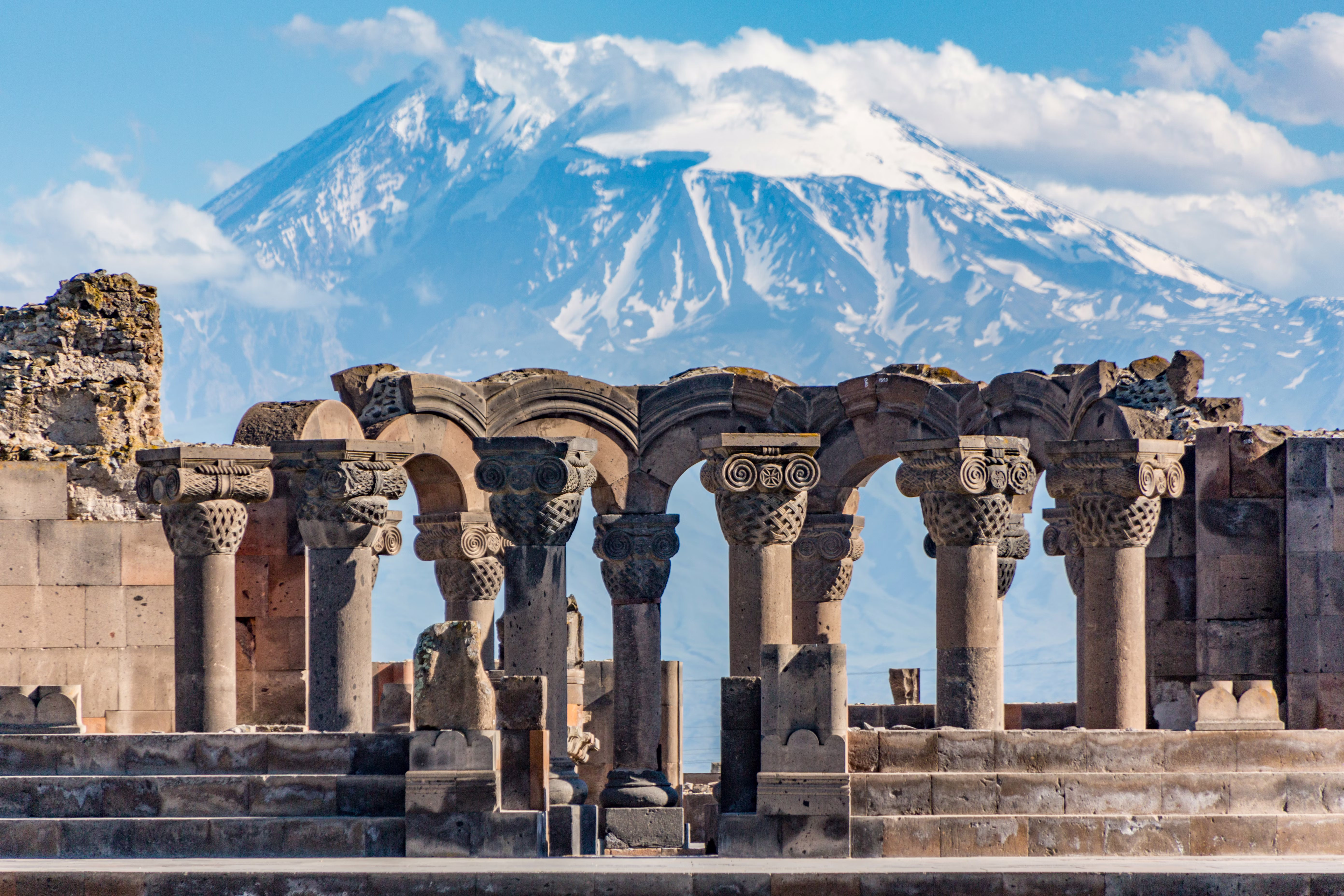 Ruins of the Zvartnos temple in Yerevan, Armenia, with Mt Ararat in the background